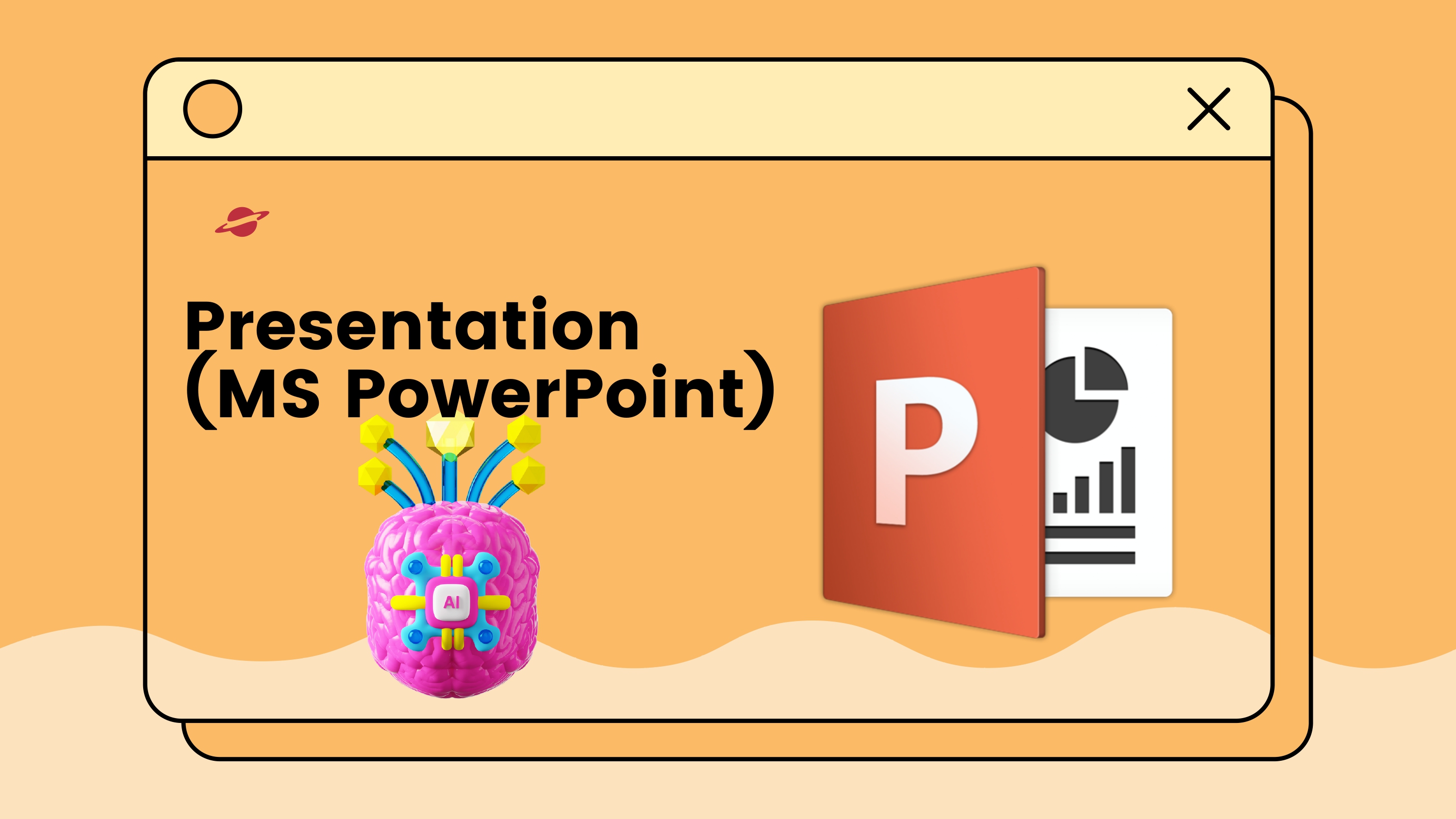 Infographic showing a slideshow screen, presentation slides, and MS PowerPoint logo with neon orange highlights on a dark background